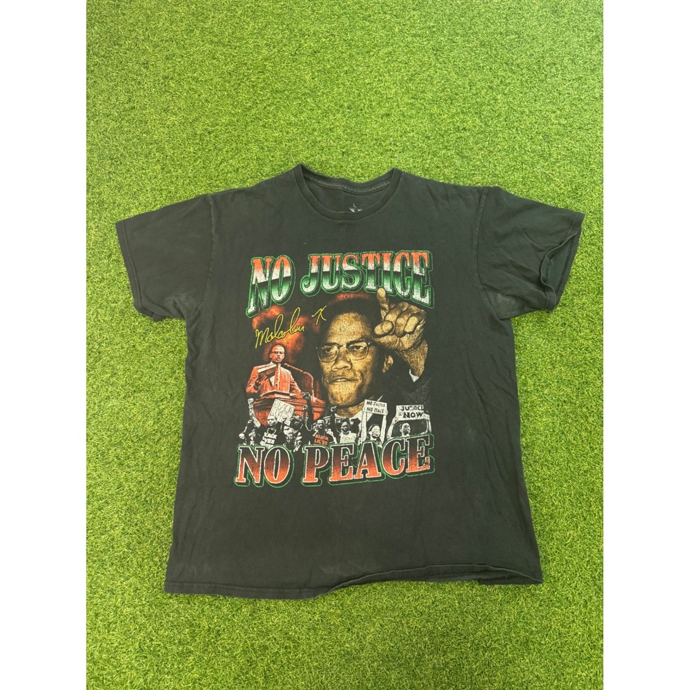Malcolm X No Justice No Peace Graphic T-Shirt Black Mens Large Rap Tee Style